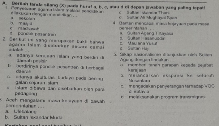 A. Berilah Tanda Silang (x) Pada Huruf A, B, C, Atau D Di Depan Jawaban ...