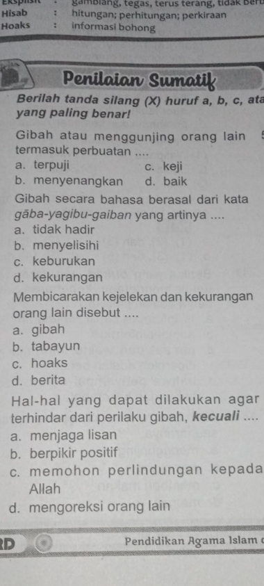 Penilaian Sumatif Berilah Tanda Silang (x) Huruf A,b,c , Ata Yang ...