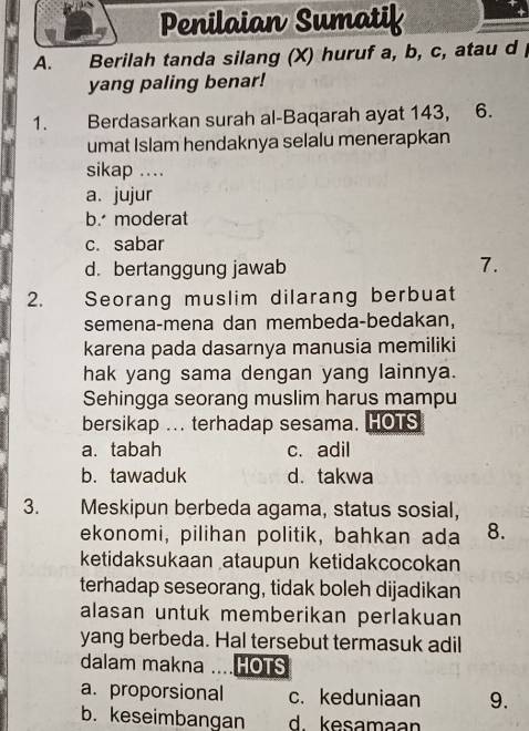 Penilaian Sumatif A. Berilah Tanda Silang (x) Huruf A,b,c , Atau D Yang ...