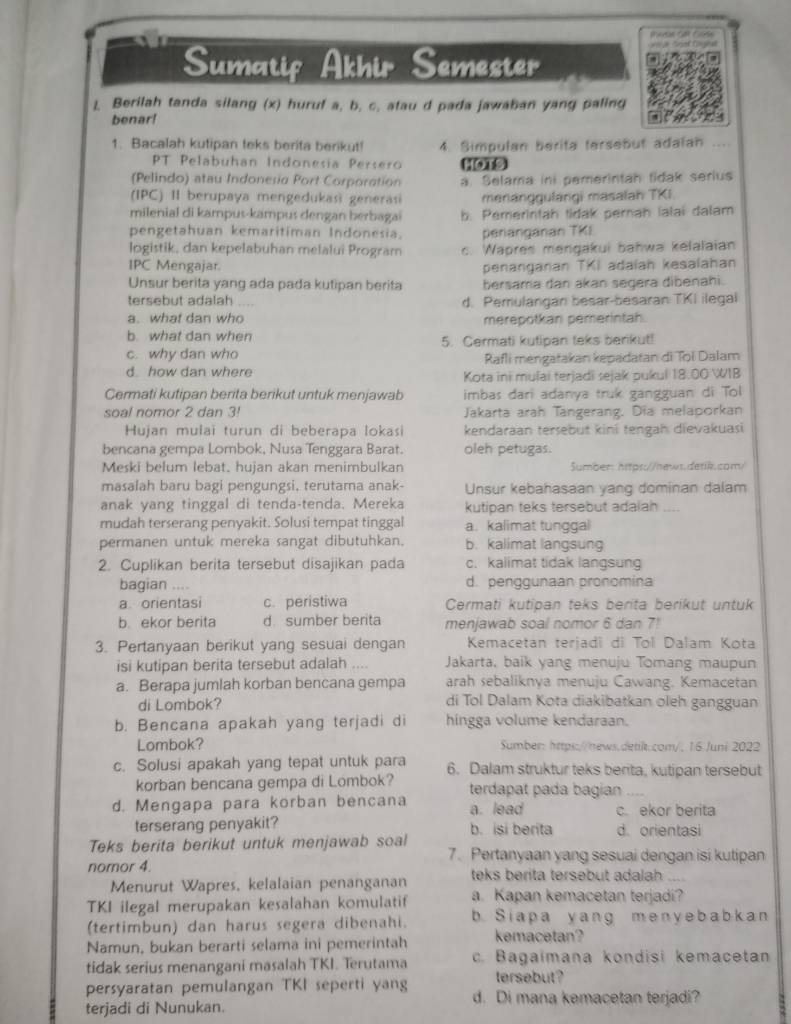 Sumatif Alkhir Semester Berilah Tanda Silang (x) Hurut A, B, C, Atau Od ...