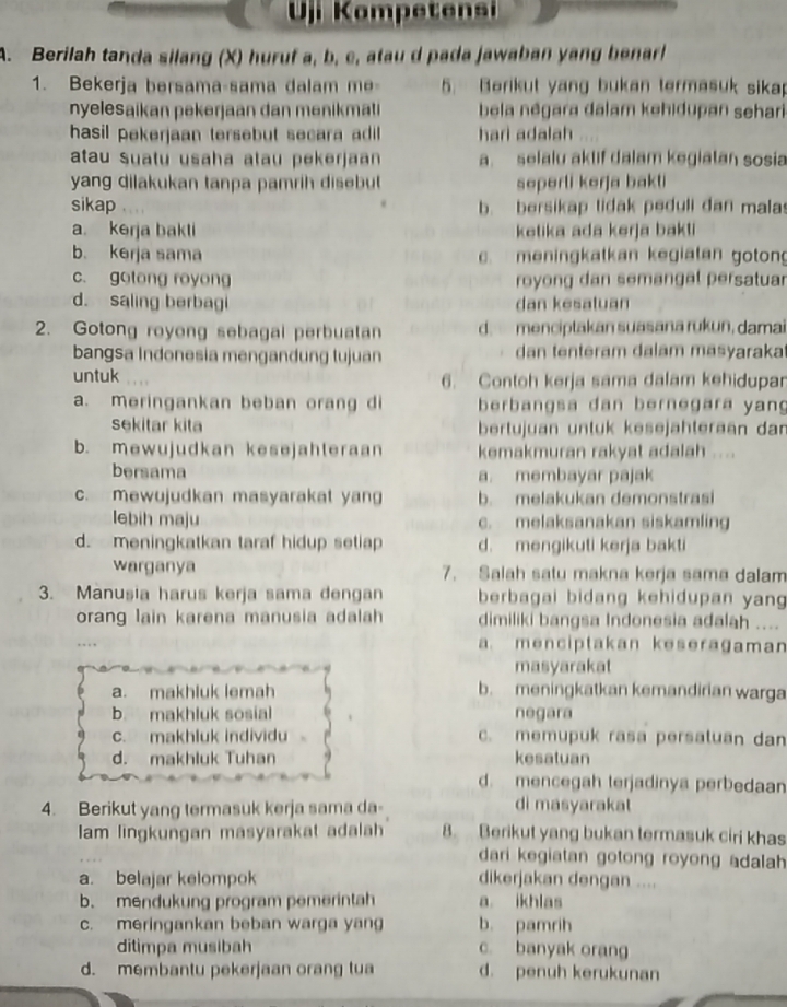 Uii Kompetensi Berilah Tanda Silang ( X ) Huruf A, B, E, Afau D Pada ...