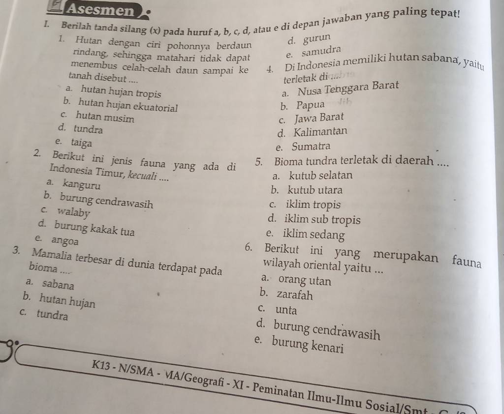 Asesmen L. Berilah Tanda Silang (x) Pada Huruf A,b,c,d , Atau E Di ...