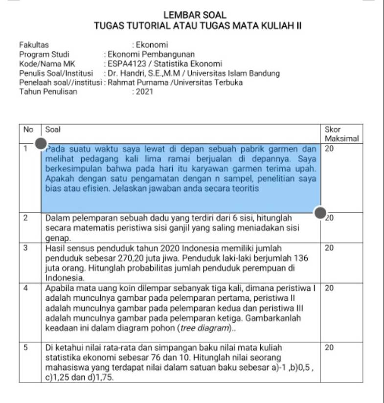 Lembar Soal Tugas Tutorial Atau Tugas Mata Kuliah Ii Fakultas :ekonomi ...