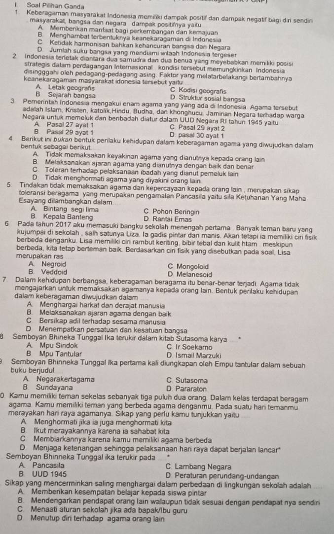 Soal Pilihan Ganda 1 Keberagaman Masyarakat Indonesia Memiliki Dampak ...