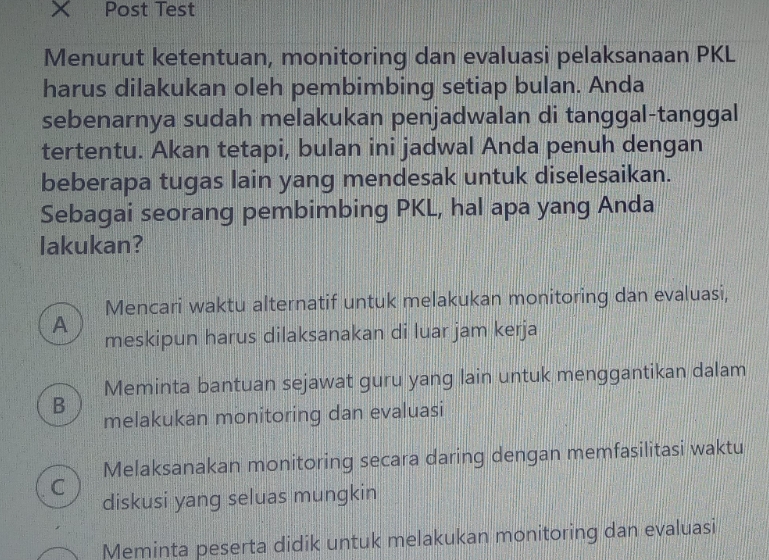 Post Test Menurut Ketentuan Monitoring Dan Evaluasi Pelaksanaan Pkl ...