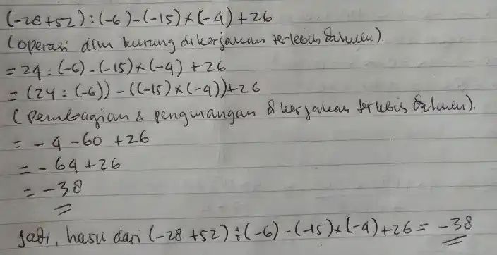 [ (-28+52):(-6)-(-15) times(-4)+26 ] (operasi dim kurung dikerjakan terlebuh tahuen). [  =24:(-6)-(-15) times(-4)+26  =(24:(-6))-((-15) times(-4))+26  ] (Pembagian a pengurangan & kerjakan terlebis Qrluin). [  =-4-60+26  =-64+26  =-38  ] jati, hasu dan (-28+52) div(-6)-(-15)+(-4)+26=-38 