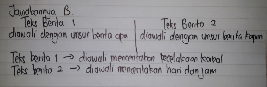 Jawabannya B. Teks Berita 1 Teks Berita 2 diawali dengan unsur benta apa | diawali dengan unsur berita kapar Teks berita 1 arrow diawali menceritakan kecelakaan kapal Teks berita 2 arrow diawali meneritakan hari dan Jam