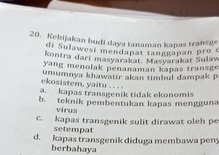Kebijakan budi daya tanaman kapas transge di Sulawesi mendapat tanggapan pro kontra dari masyarakat. Masyarakat Sulan yang menolak penanaman kapas transge umumnya khawatir akan