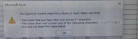 Microsoft Excel You typed an invalid name for a sheet or chart. Make sure that: The name that you type does not exceed 31