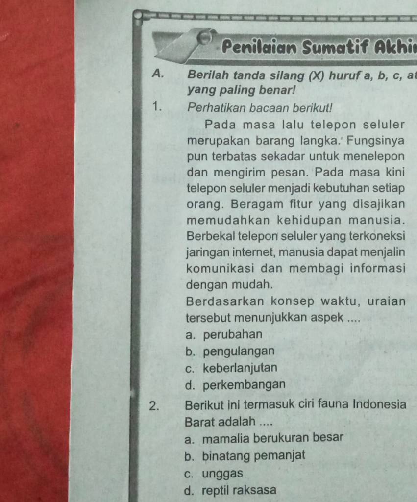 Penilaian Sumatif Akhic A. Berilah Tanda Silang (x) Huruf A,b,c , At ...