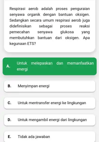 Respirasi aerob adalah proses penguraian senyawa organik dengan bantuan oksigen. Sedangkan secara umum respirasi aerob juga didefinisikan sebagai proses reaksi pemecahan senyawa glukosa yang