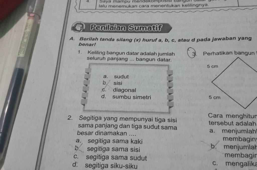 Penilaian Sumatif A. Berilah Tanda Silang (x) Huruf A,b,c , Atau D Pada ...