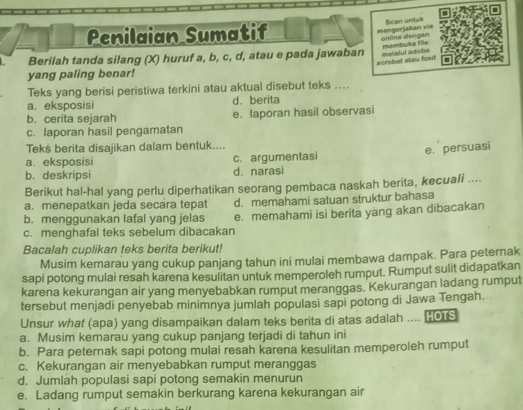 Penilaian Sumatif Berilah Tanda Silang (x) Huruf A,b,c,d , Atau E Pada ...