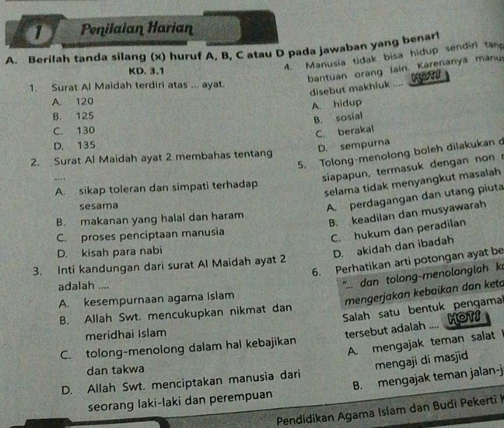 Penilaian Harian A. Berilah Tanda Silang (x) Huruf A,b,c Atau D Pada ...