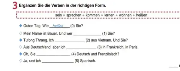 Ergänzen Sie die Verben in der richtigen Form. sein * sprechen - kommen - lernen o wohnen o heißen Guten Tag. Wie heißen (0)