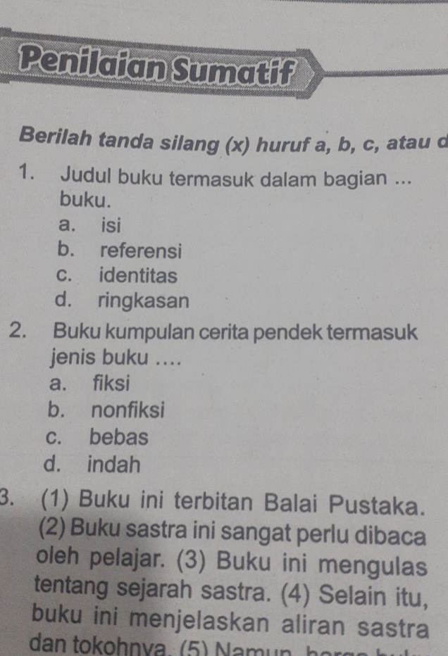 Penilaian Sumatif Berilah Tanda Silang (x) Huruf A, B, C, Atau Judul ...