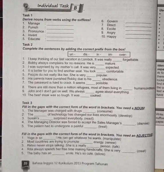 individual task task 1 derive nouns from verbs using the suffixes