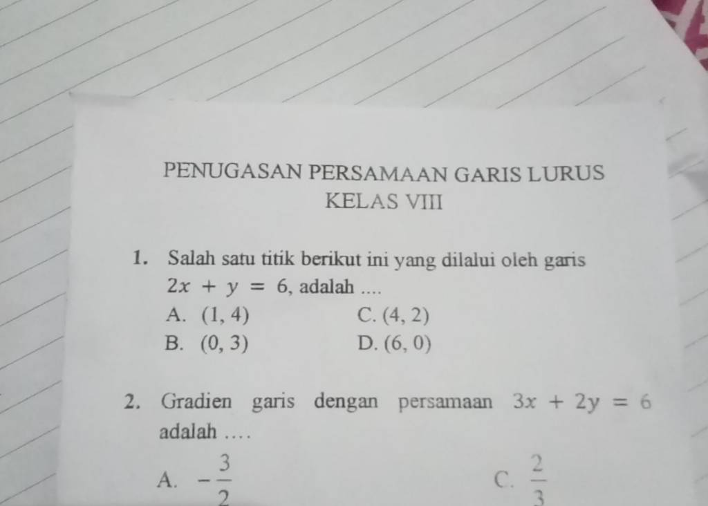 Penugasan Persamaan Garis Lurus Kelas Viii Salah Satu Titik Berikut Ini ...